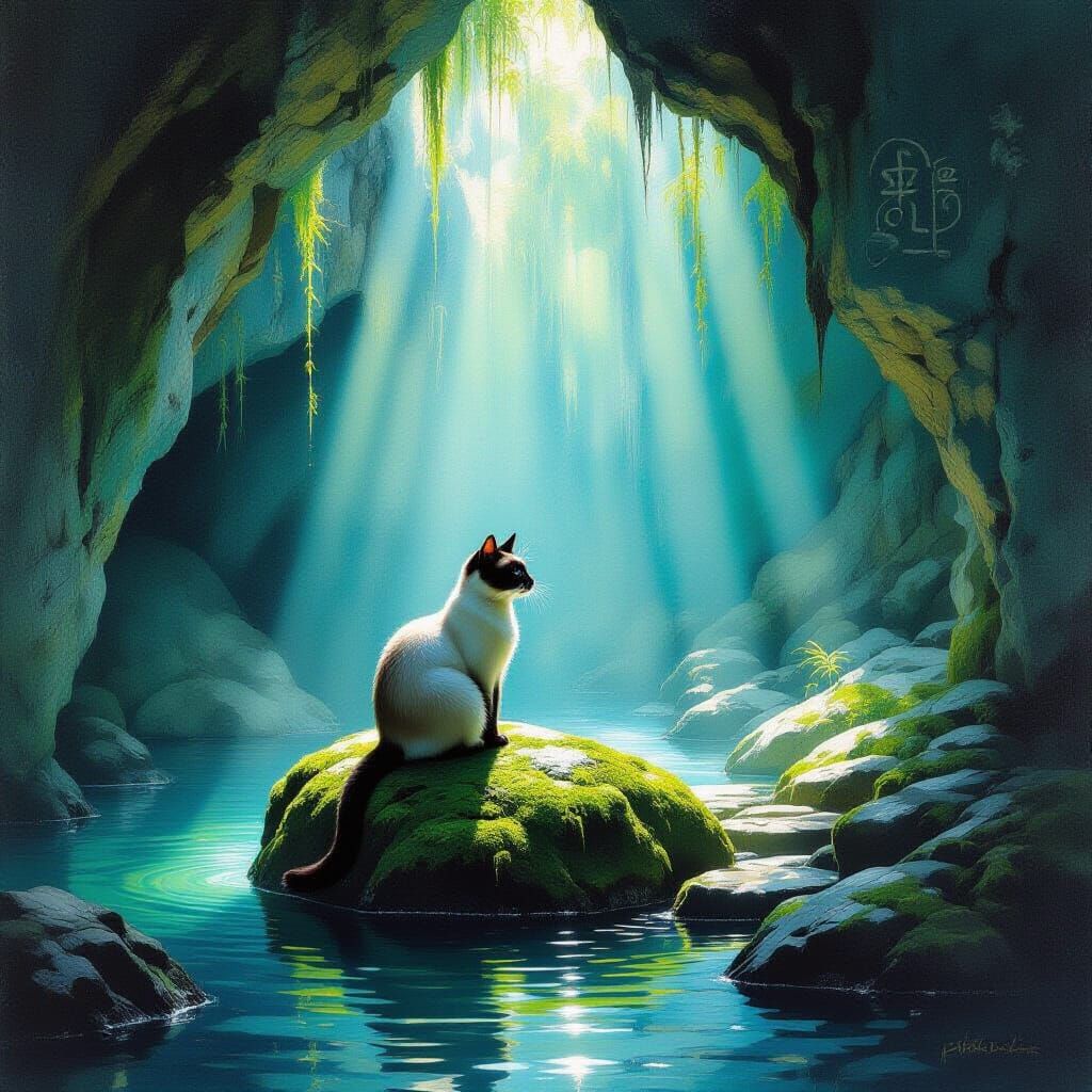 Siamese Cat in Ethereal Grotto, Impressionistic Oil Painting
