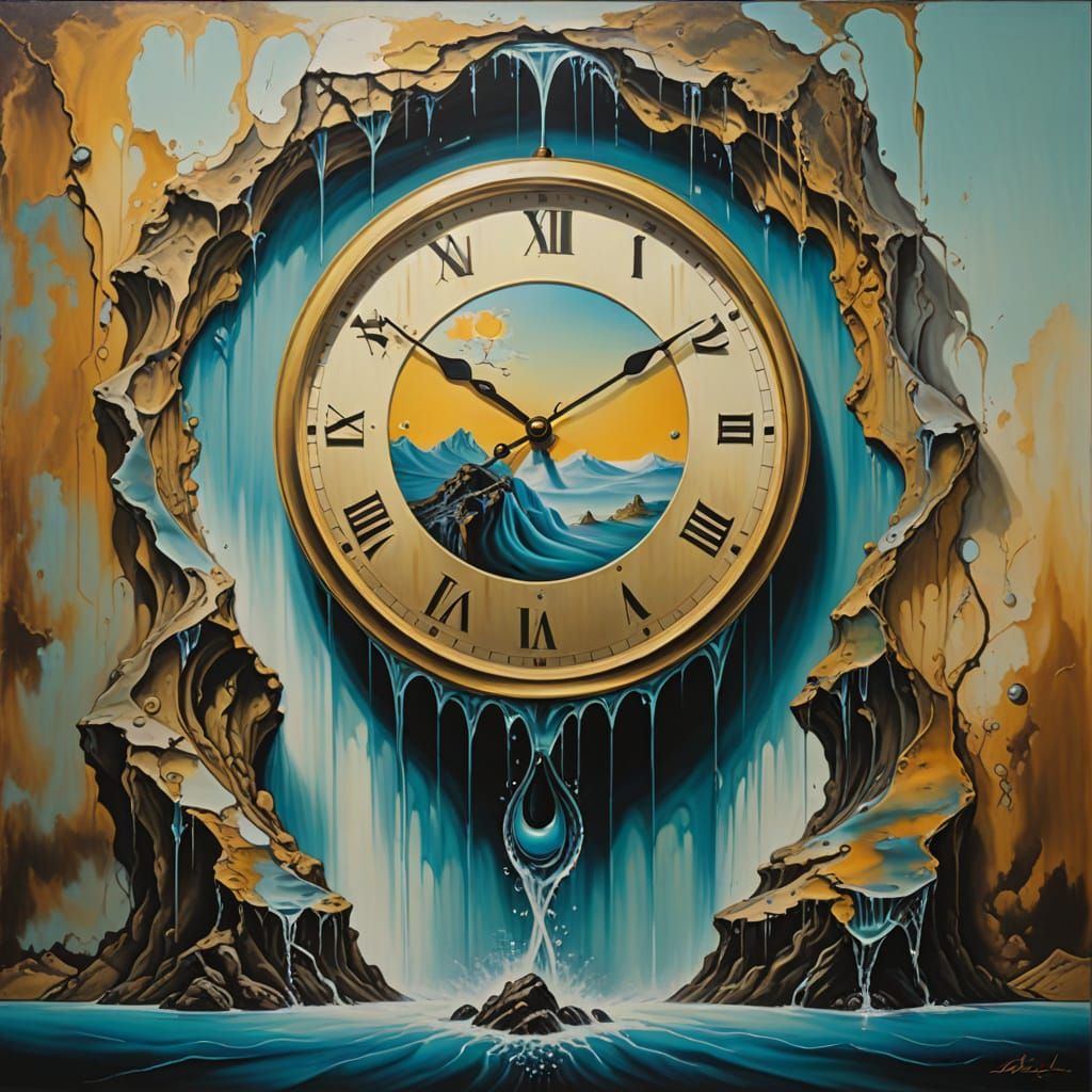 Surreal Flowing Clock Waterfall in Dali Style
