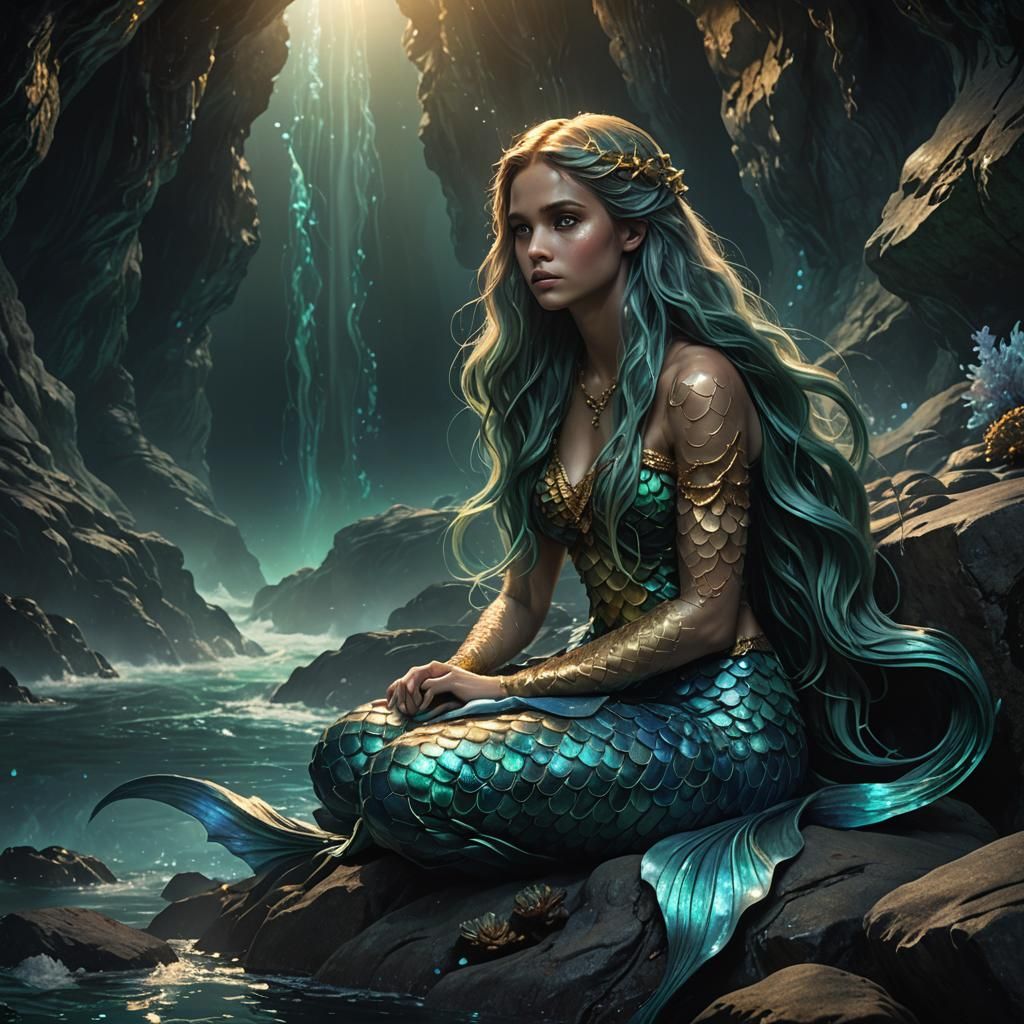 Sorrowful Mermaid in a Dark Ocean Cave