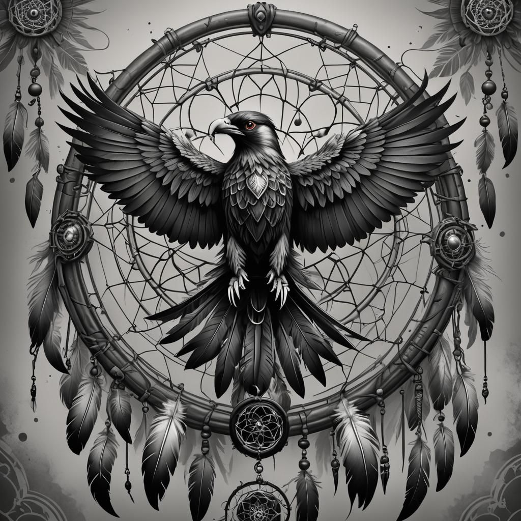 Geometric Thunderbird Dreamcatcher Tattoo in Black and Grey