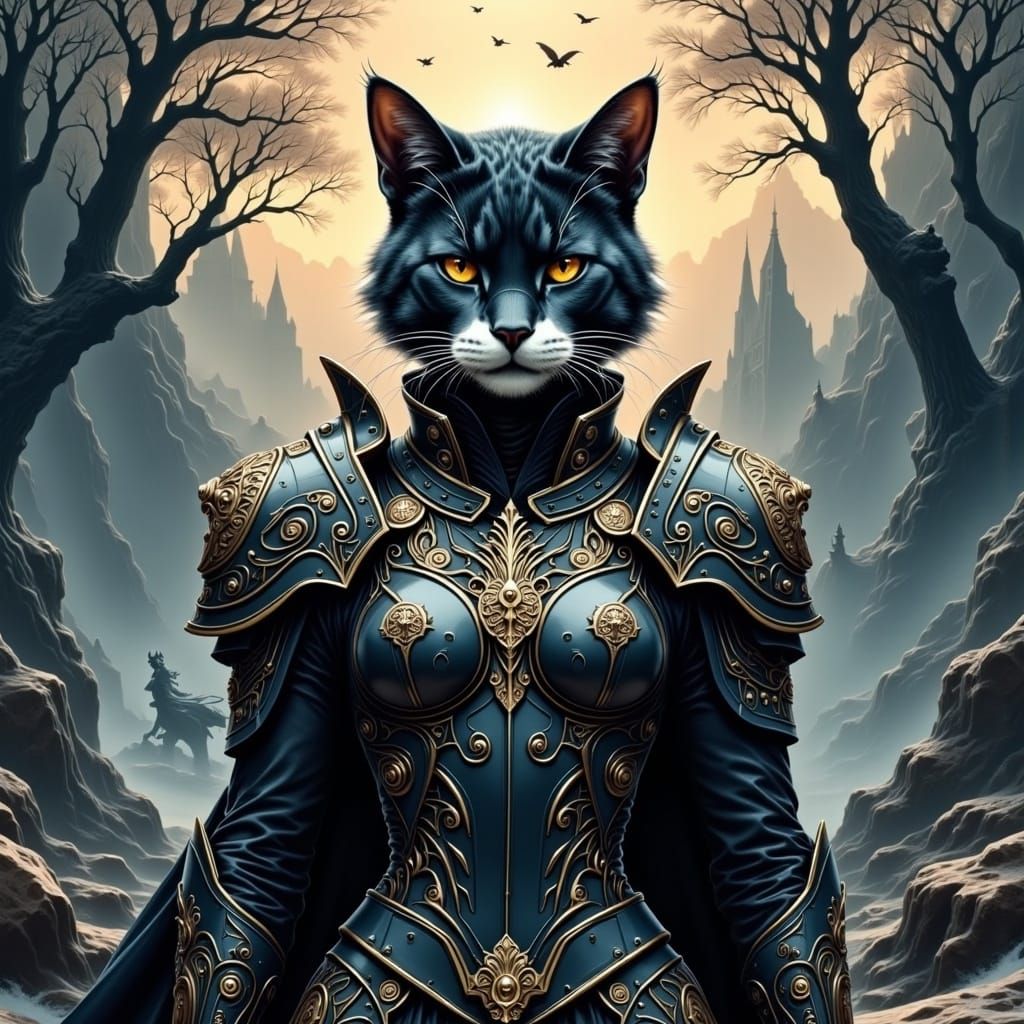 Mystical Cat Warrior in Ornate Armor