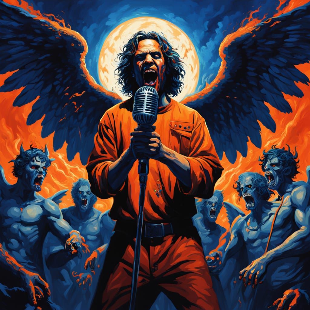 Epic Singer in Heaven and Hell, as Dark Fantasy Art