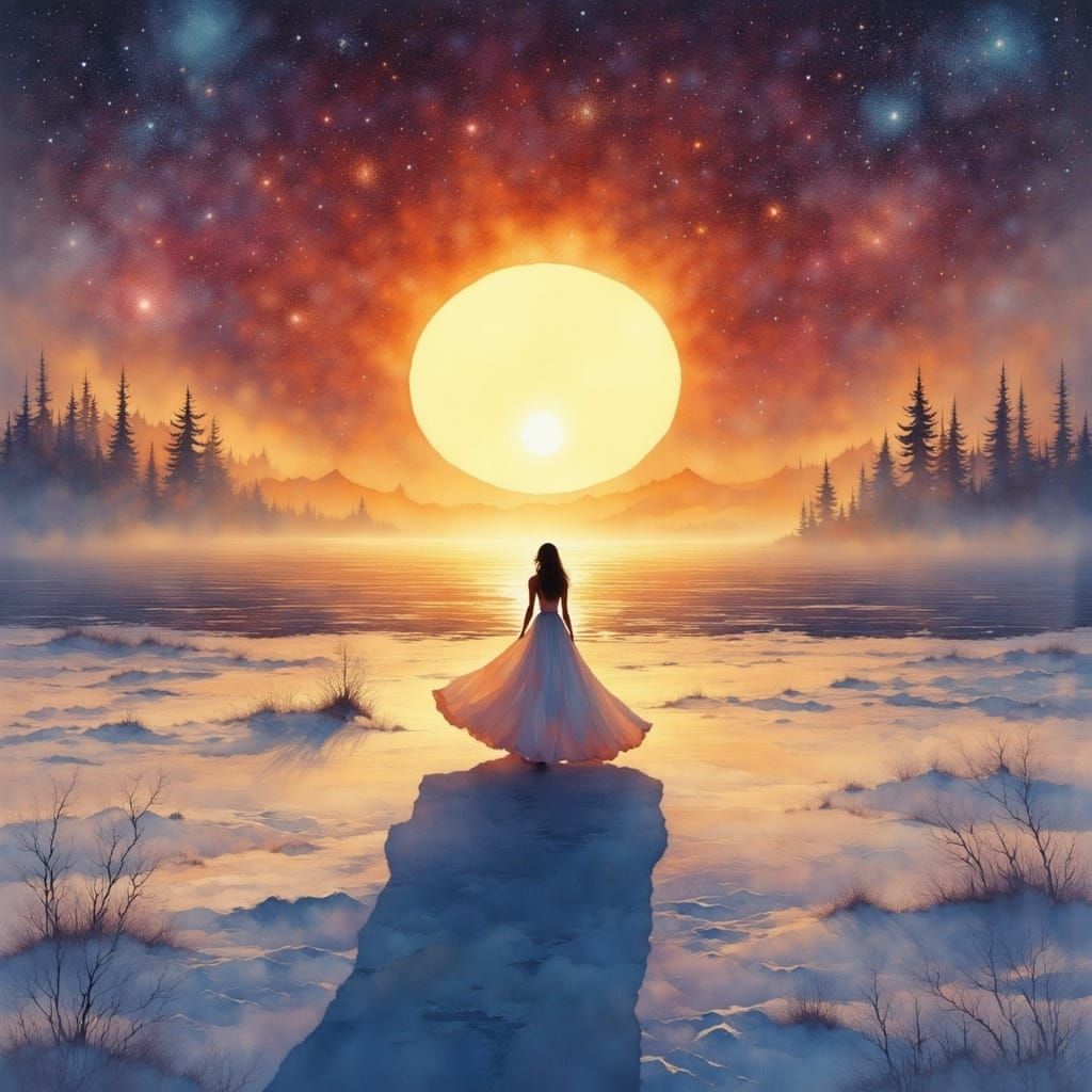 Surreal Woman in White Gown Under Snowfall