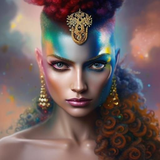 Red-Haired Queen with Rainbow Gems: A Digital Masterpiece