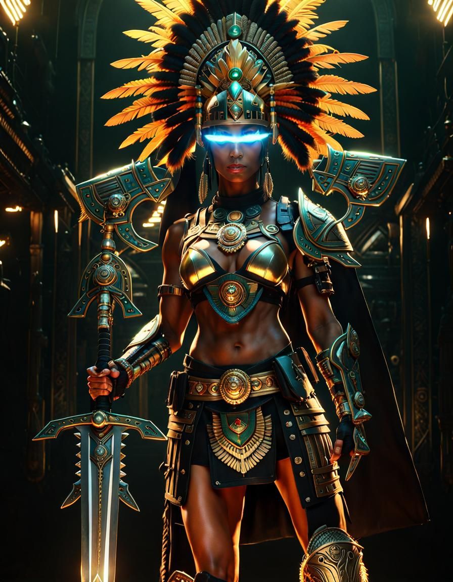 Aztec Warrior Woman with Flaming Sword, 3D Rendered