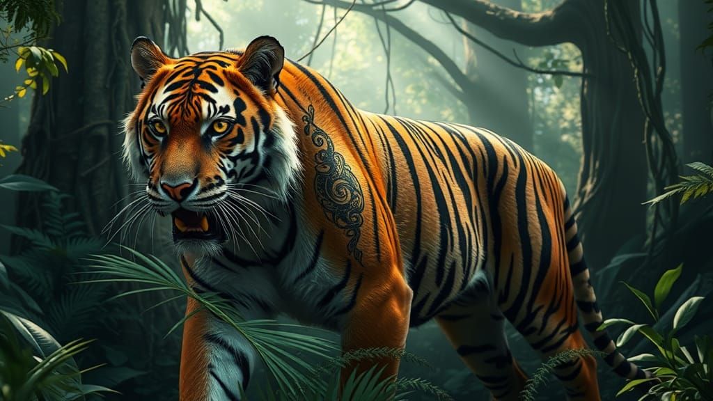 Tiger with Tattoos in Jungle, Photorealistic Style