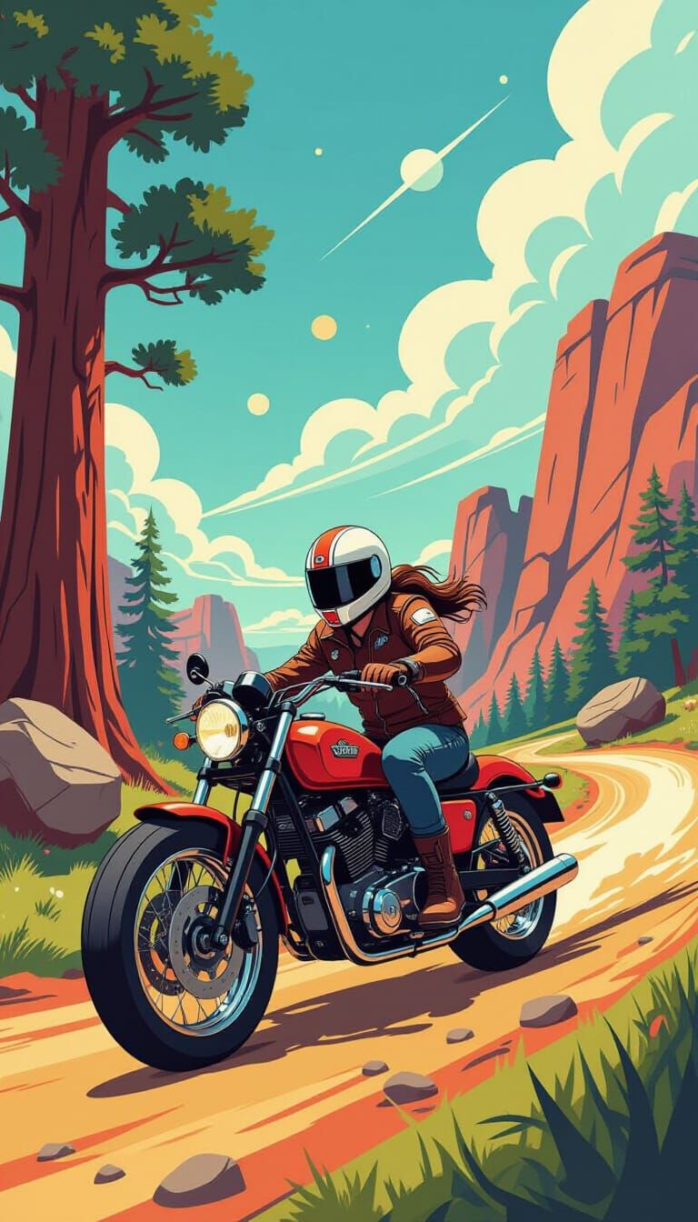 Space Biker on Flying Motorcycle Through Wilderness