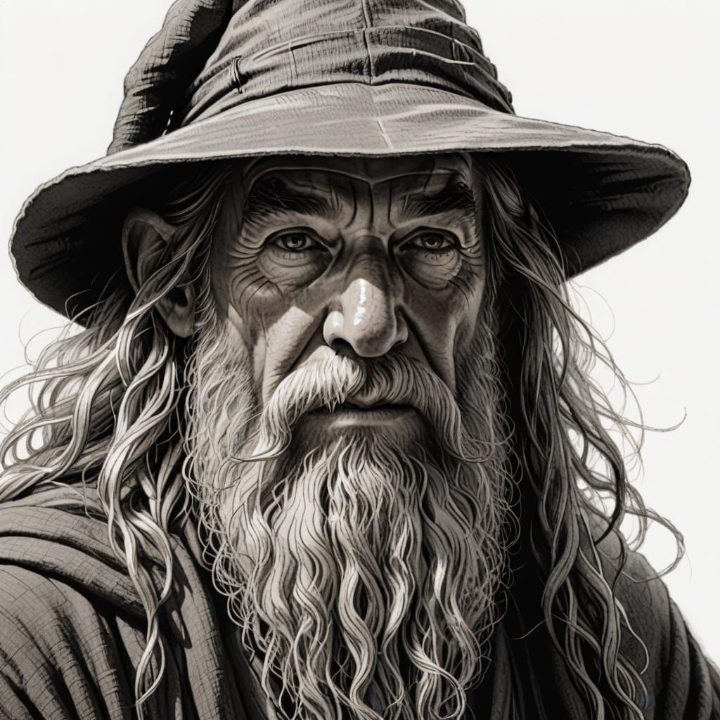 Gandalf Pencil Sketch: Detailed, Cinematic, High Contrast