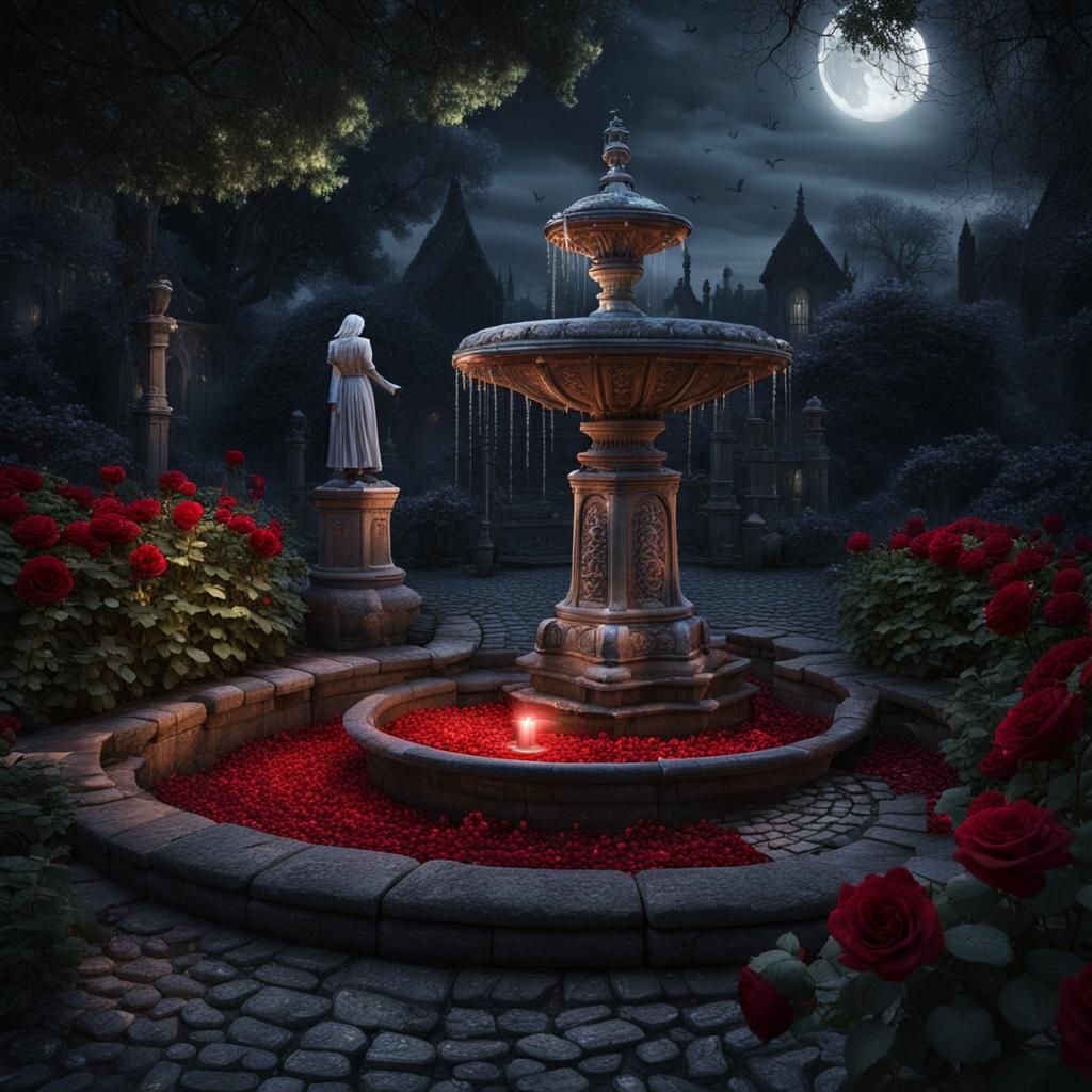 Enchanted Garden with Stone Fountain in Moonlight