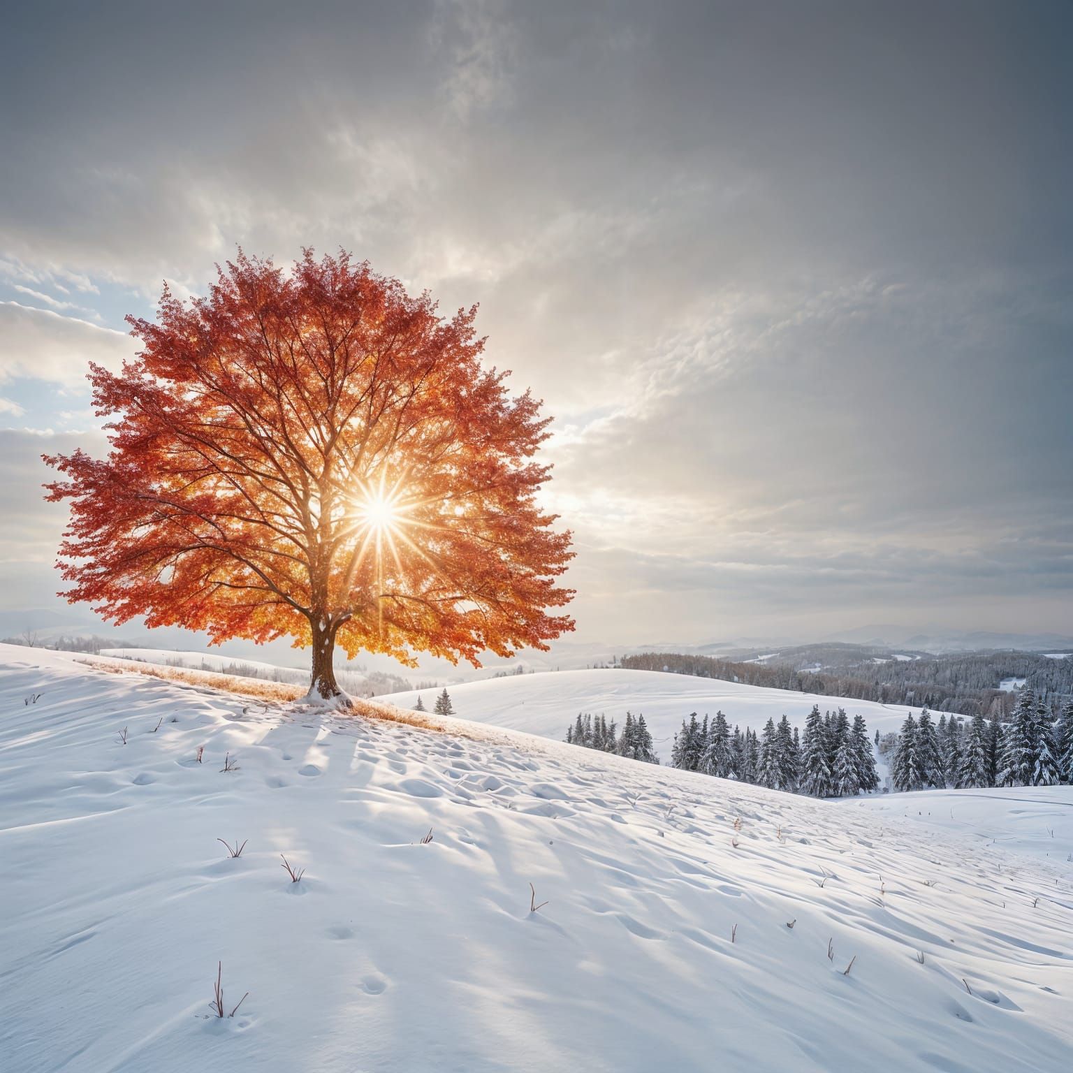 Vibrant Red Tree in Snowy Landscape with Sunlit Aura
