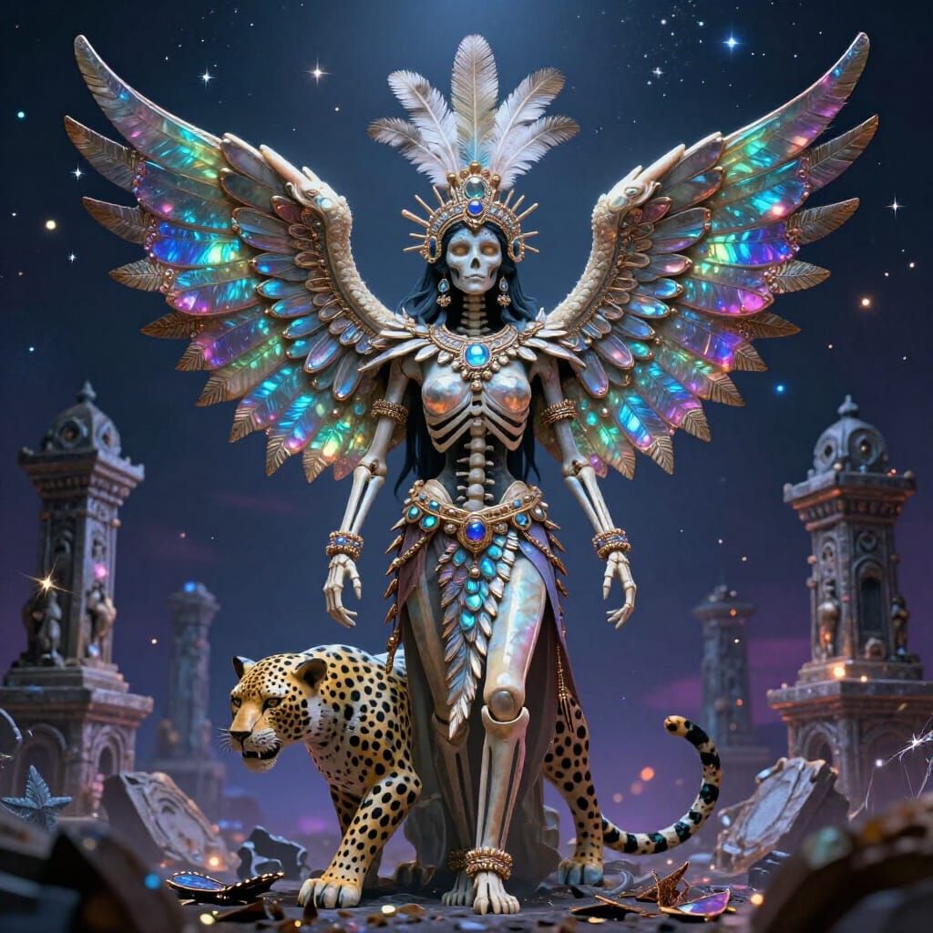 Skeletal Aztec Goddess with Obsidian Butterfly Wings
