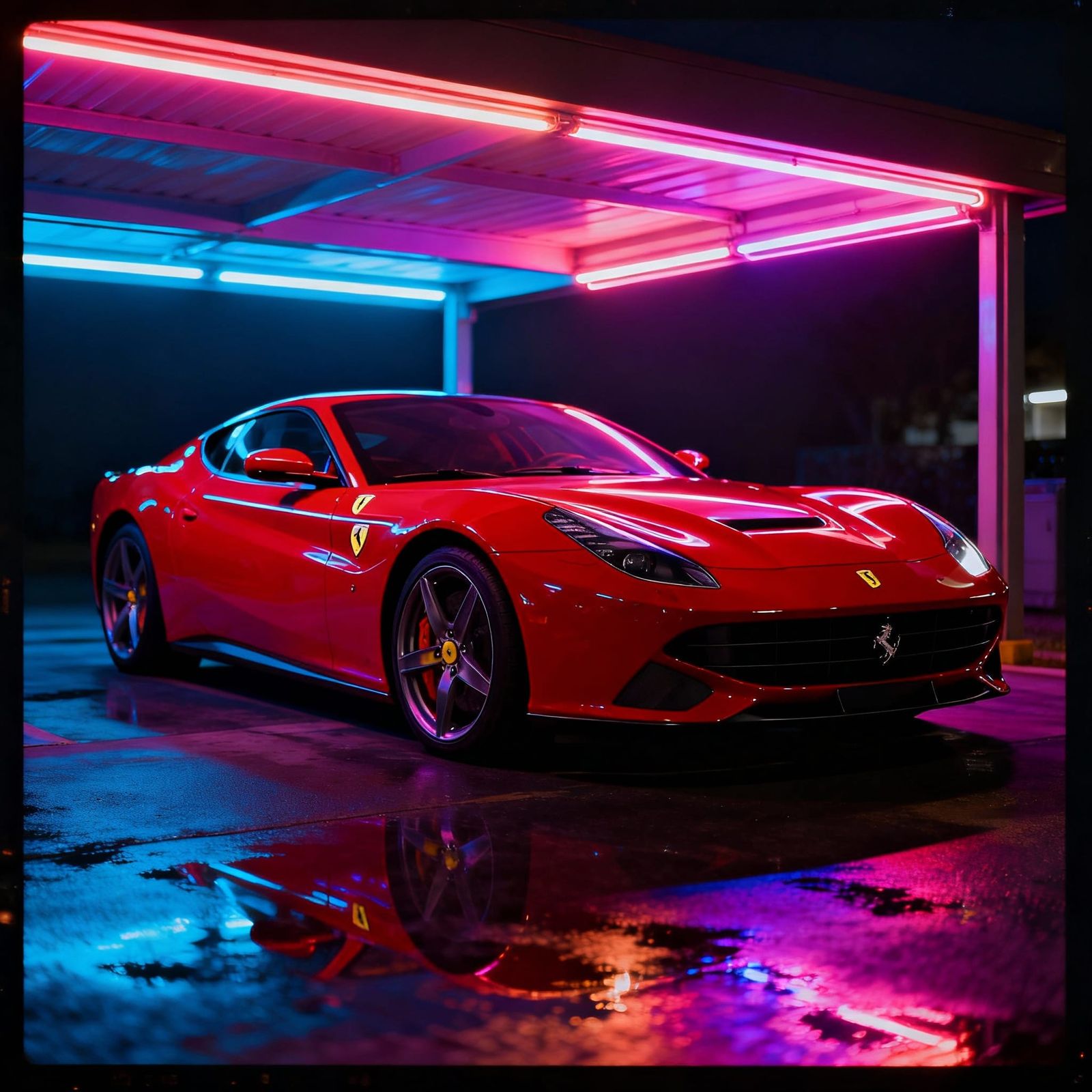 Red Ferrari Under Neon Lights Cinematic Film Still