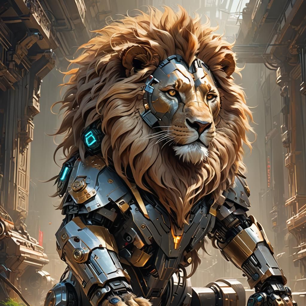 Photorealistic Cyborg Lion Digital Painting