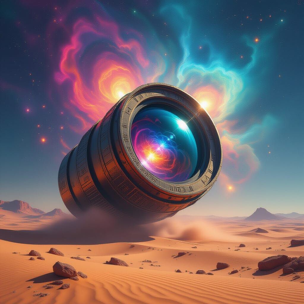 Ancient Camera Lens Above Desert Reflecting Nebula