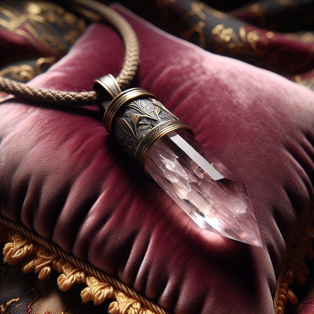 Rose Quartz Bullet Pendant on Medieval Pillow