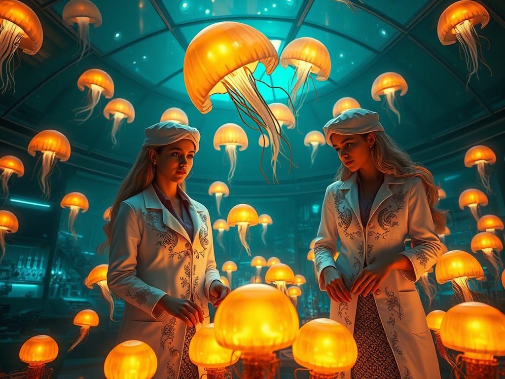 Mermaids in Elegant Lab Coats Amidst Futuristic Undersea Won...