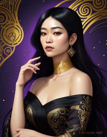 Art Nouveau Portrait of Malay Woman with Gold Details