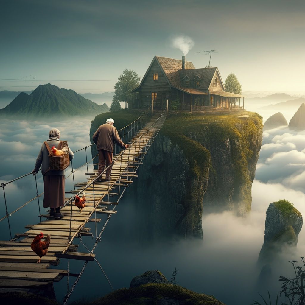 Elderly Couple's Sky Home: Photorealistic Dreamscape