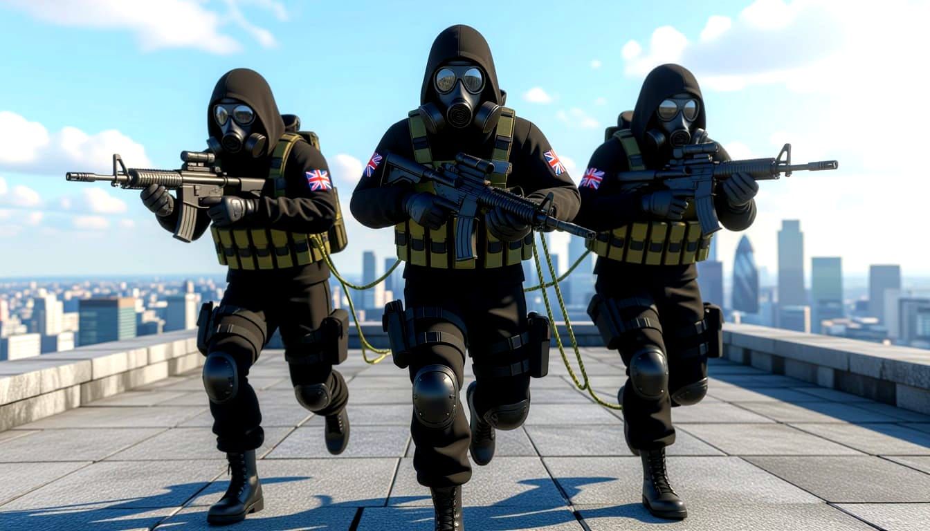 Soldiers in Gas Masks Running on Building Rooftop, London Ci...