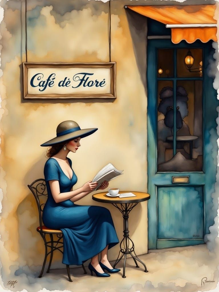 Elegant Woman at Parisian Café in Impressionist Style