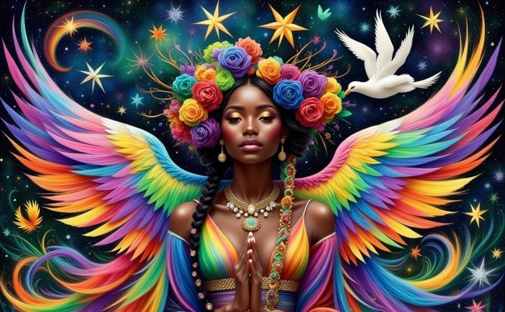 Radiant Woman with Crystal Bird in Rainbow Light