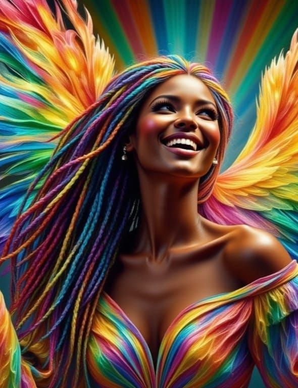 Black Woman with Rainbow Braids Holding Crystal Bird