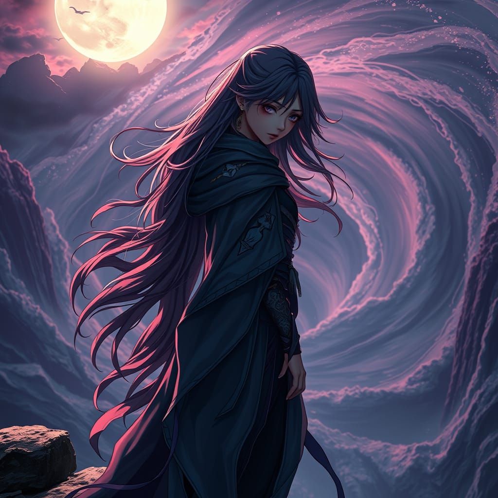 Dramatic Fantasy Woman Stands at Precipice, Gazing into Vort...