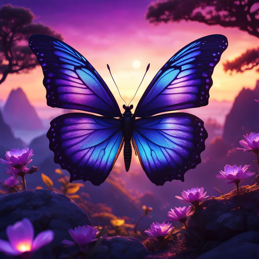 Magical Butterfly in Chinese Sunset Landscape