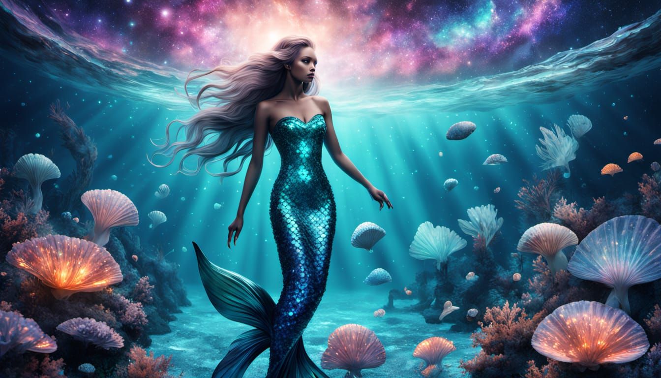 Ethereal Mermaid in Crystal Ocean, Sequins and Starlight