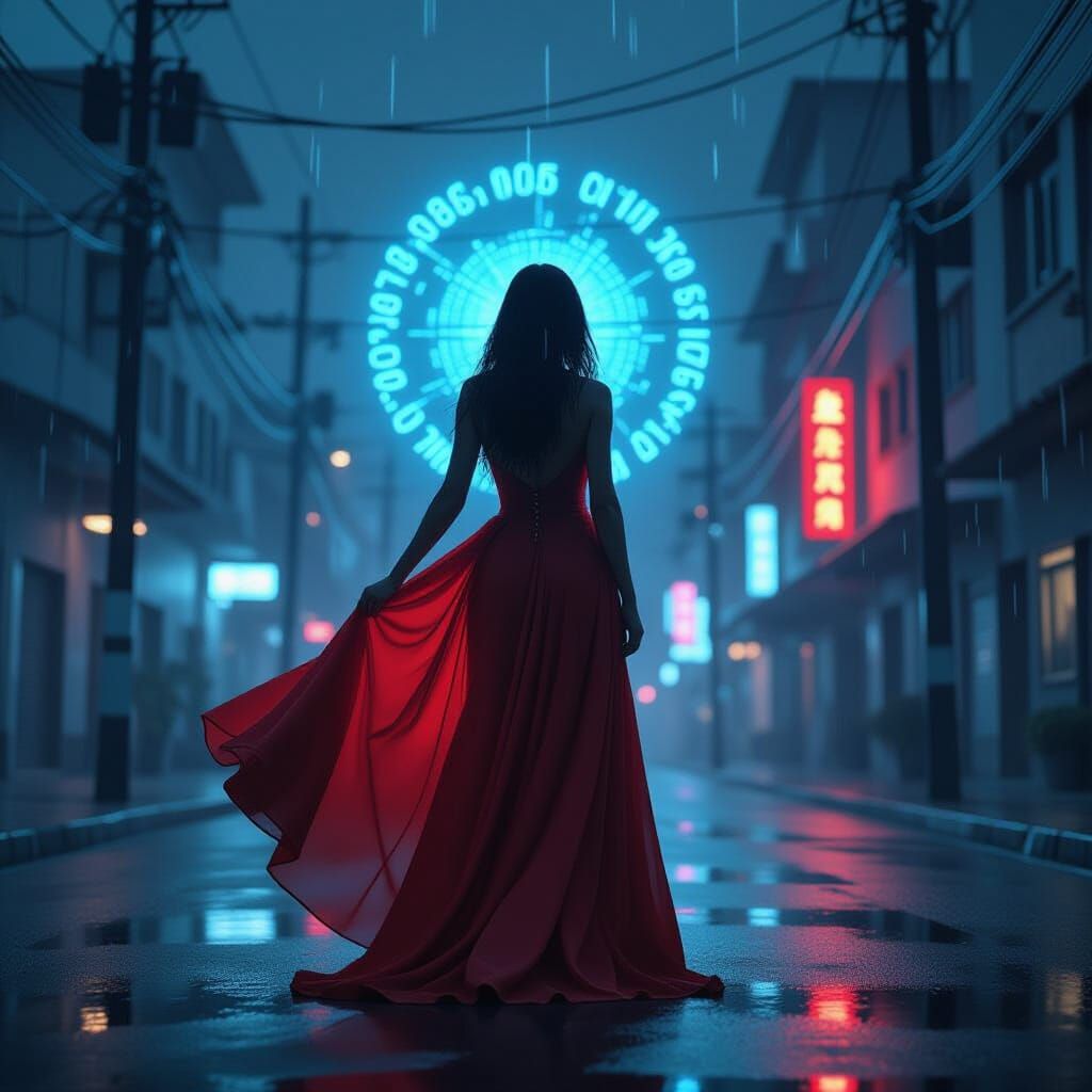 Woman in Red Dress Surrounded by Neon Matrix
