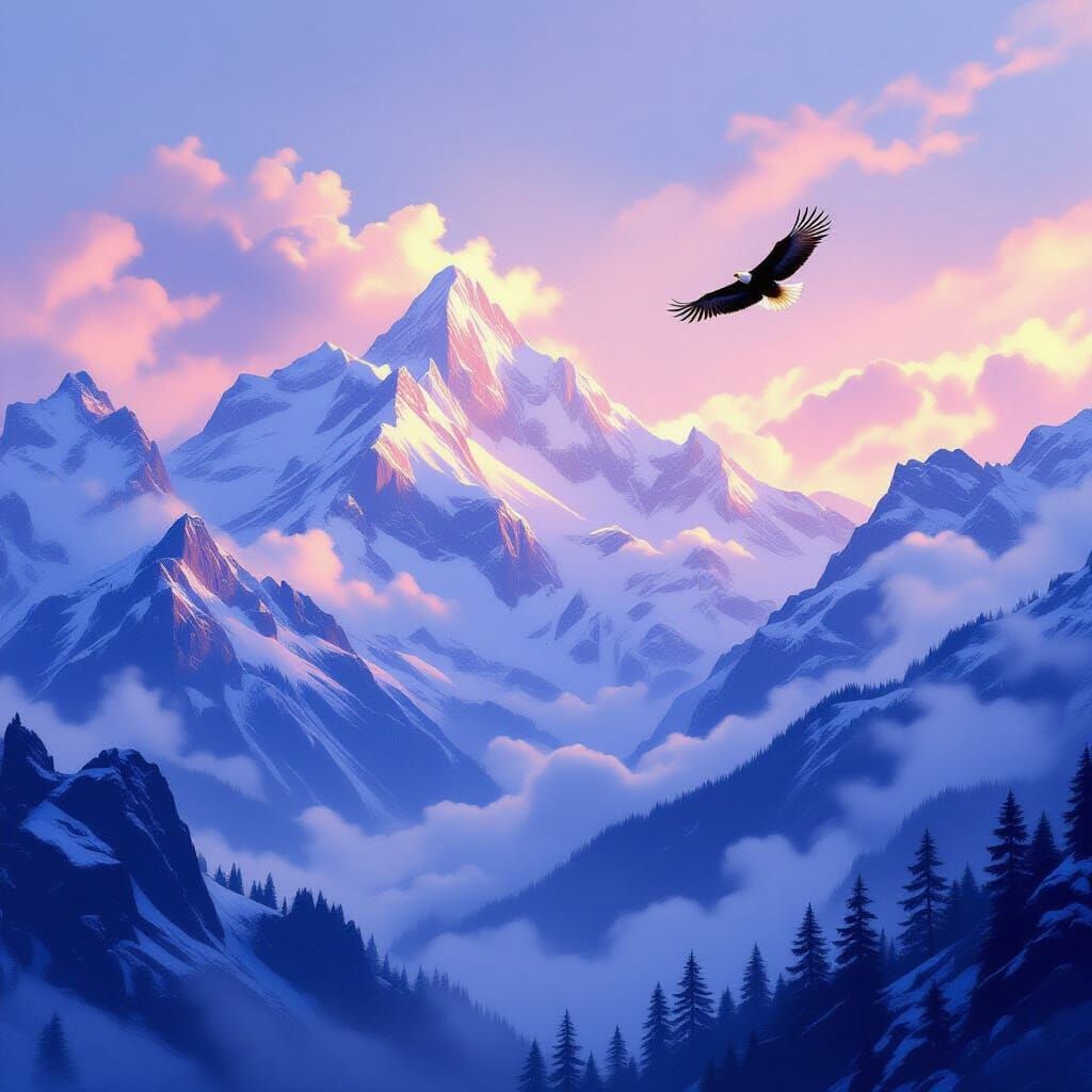 Majestic Snowy Mountains at Dawn with Soaring Eagle