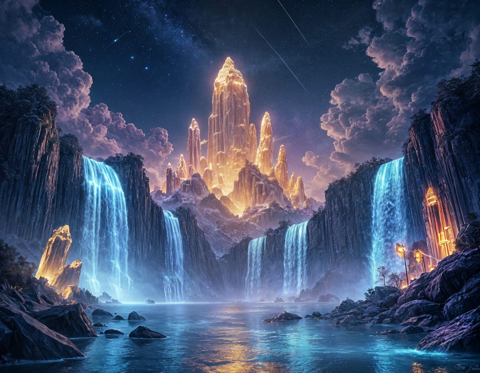 Cosmic Dreamscape With Neon Waterfalls and Crystalline Struc...