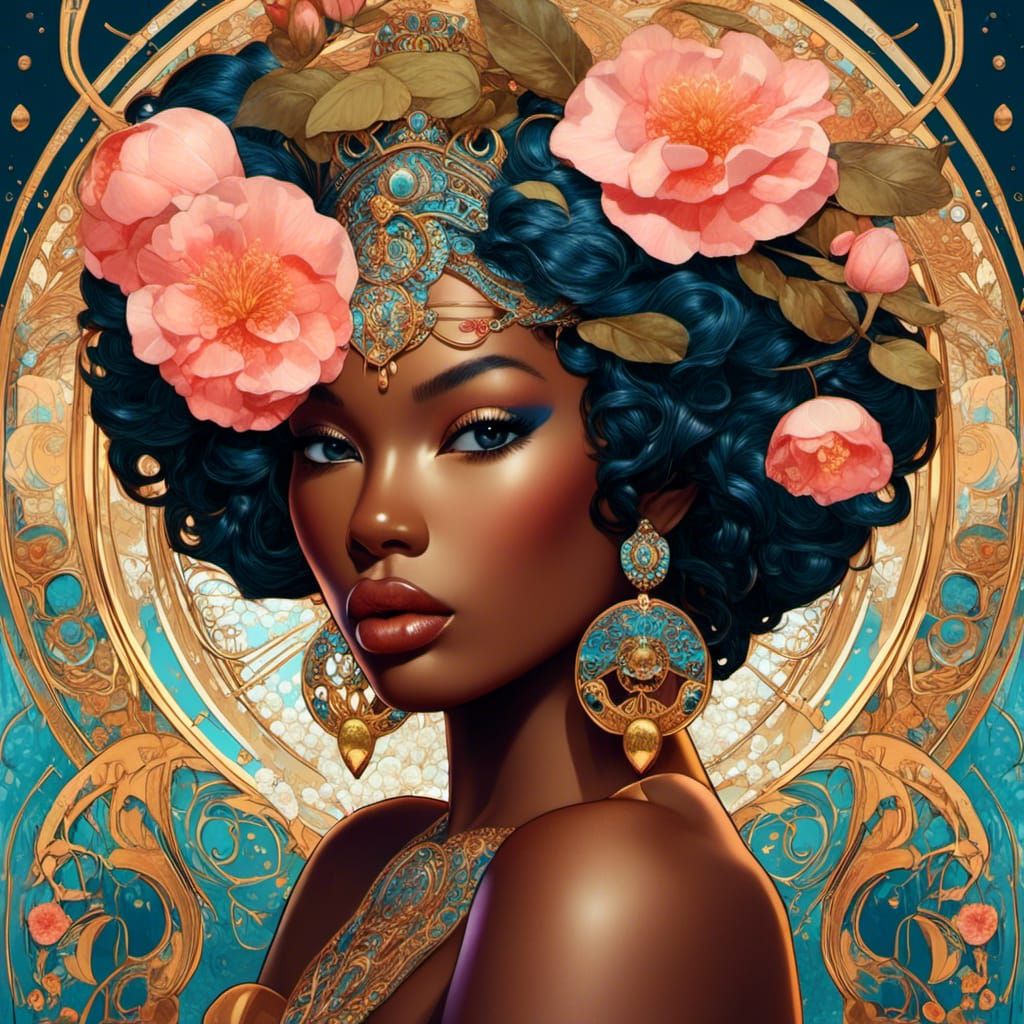 Art Nouveau Portrait with African Model and Flowers