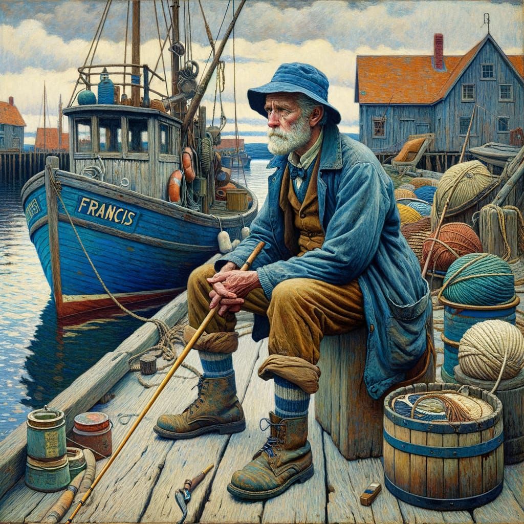 Expressionist Encaustic Painting of a Fisherman on a Dock