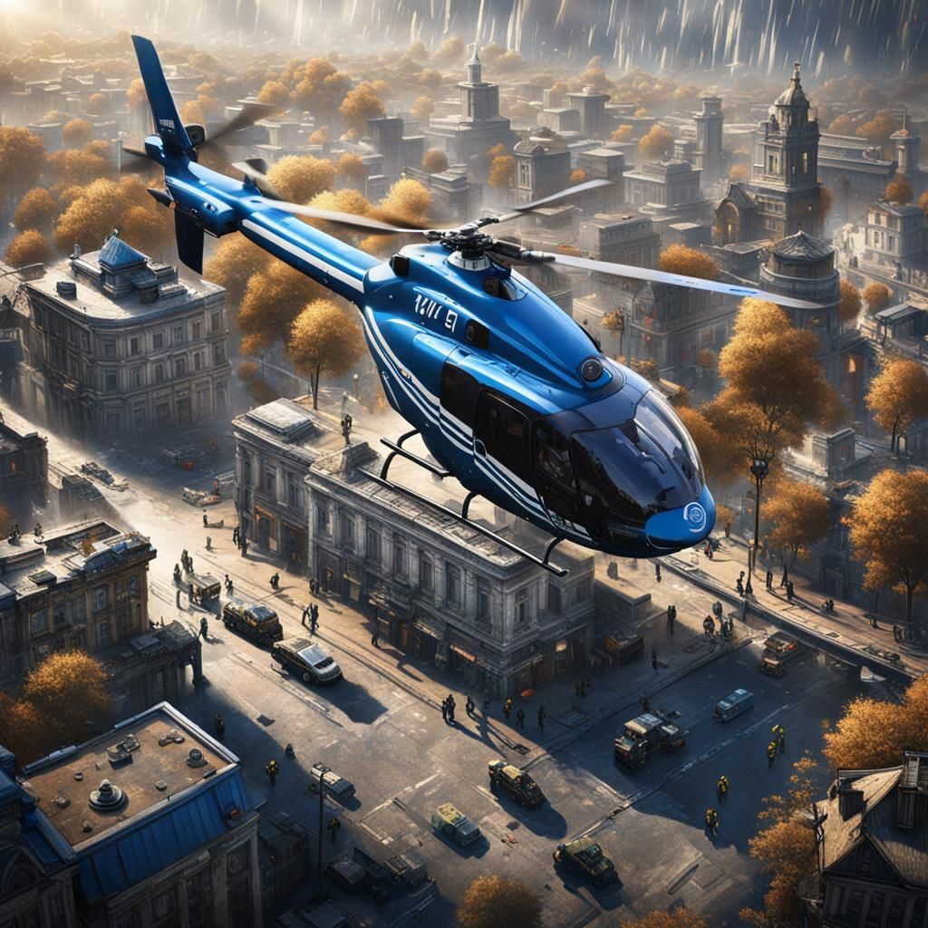 Police Officers Fly Helicopter Over City: Detailed Matte Pai...