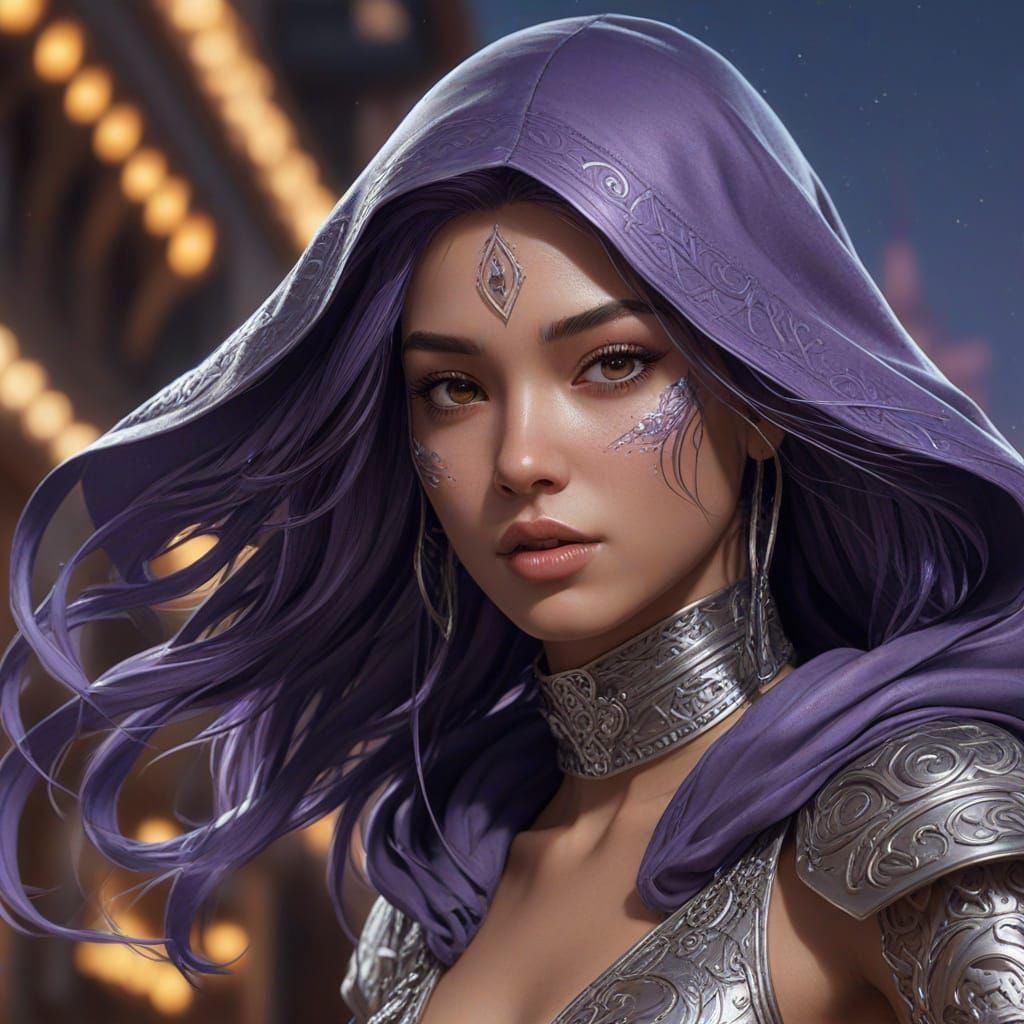 Warrior Princess Soars Above Neon Cityscape