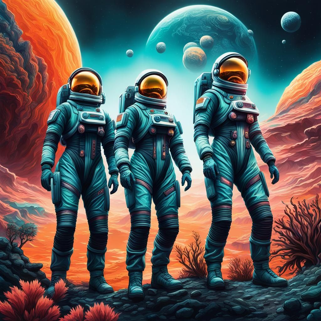 Three Female Astronauts on Surreal Alien Planet