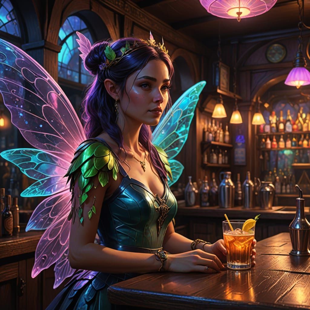The Pixie Pub: A Fairy Dive Bar in Oil Painting Style