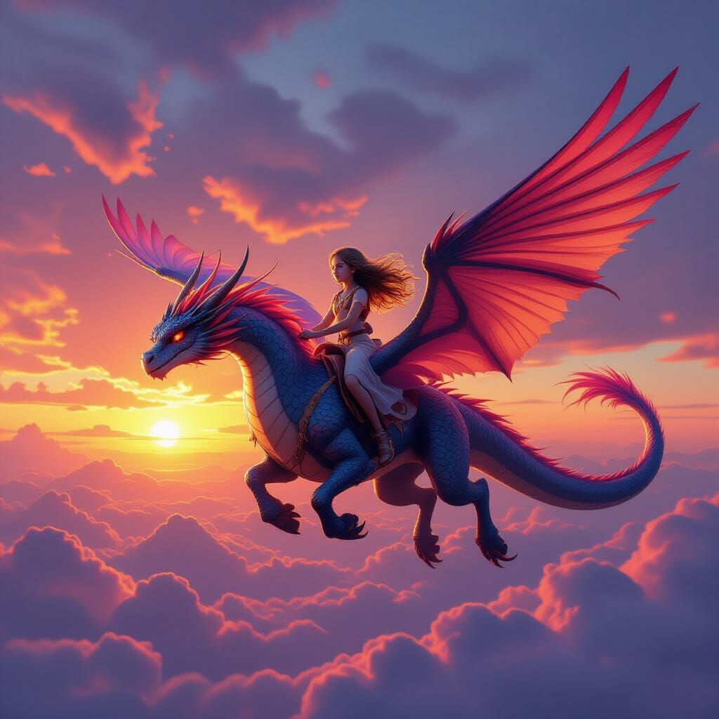 Girl Rides Feathered Dragon in Sunset Sky