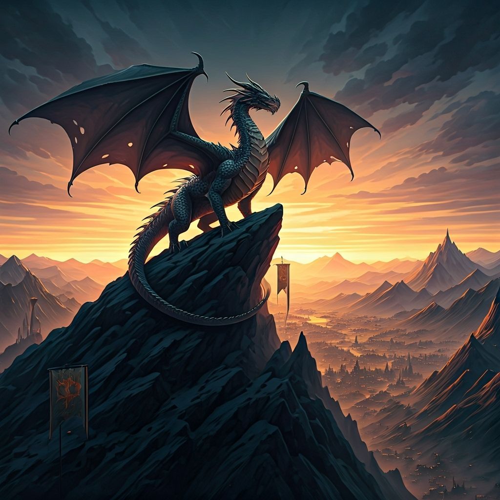 Dragon on Mountain Peak at Twilight, Dark Fantasy Art