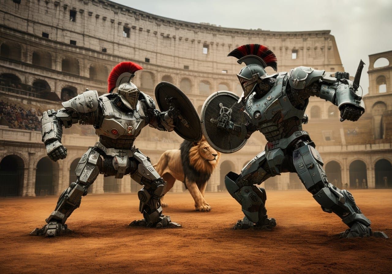 Robot Gladiators Duel in Colosseum Arena