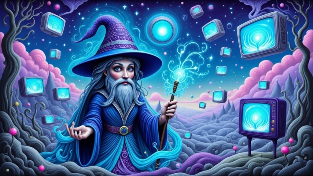Whimsical Wizard with Digital Energy and Holographic Screens