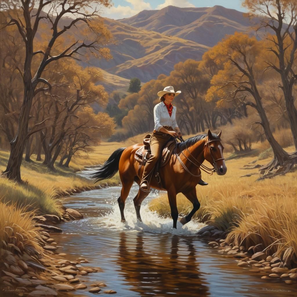 Cowgirl on Horseback: Impressionistic Oil Painting