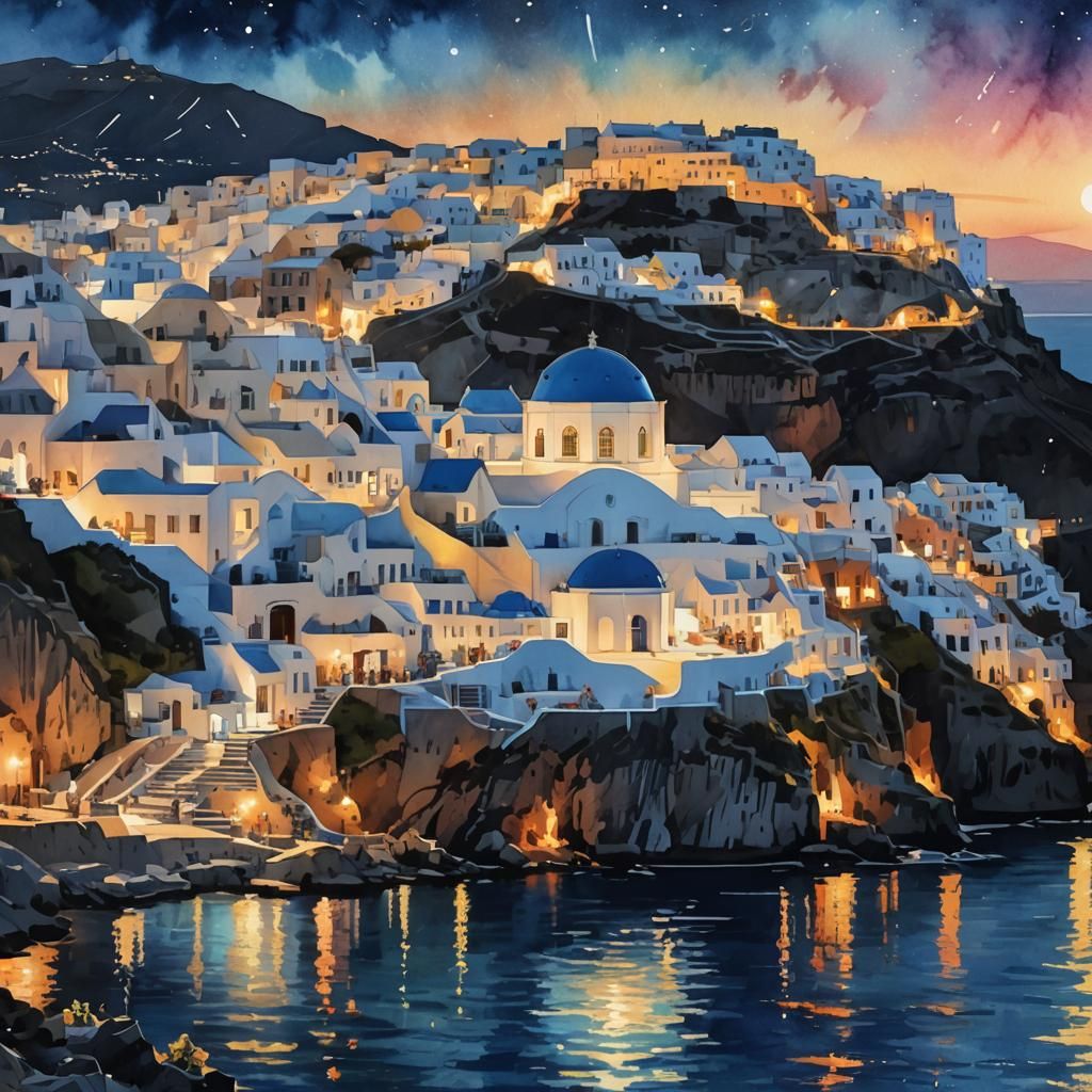 Moonlit Santorini: Digital Watercolor Summerscape Sunset