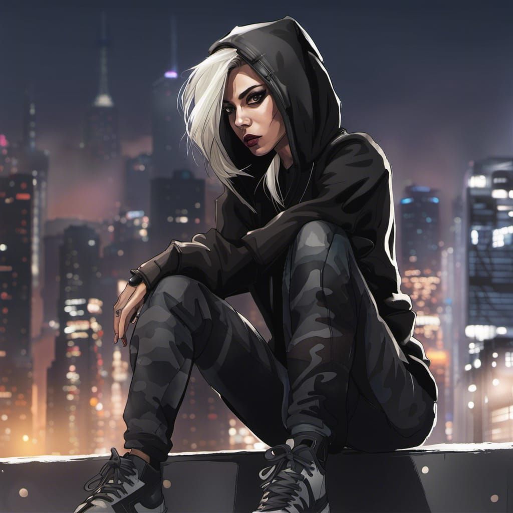 Female Assassin Perched Above Dystopian Cityscape