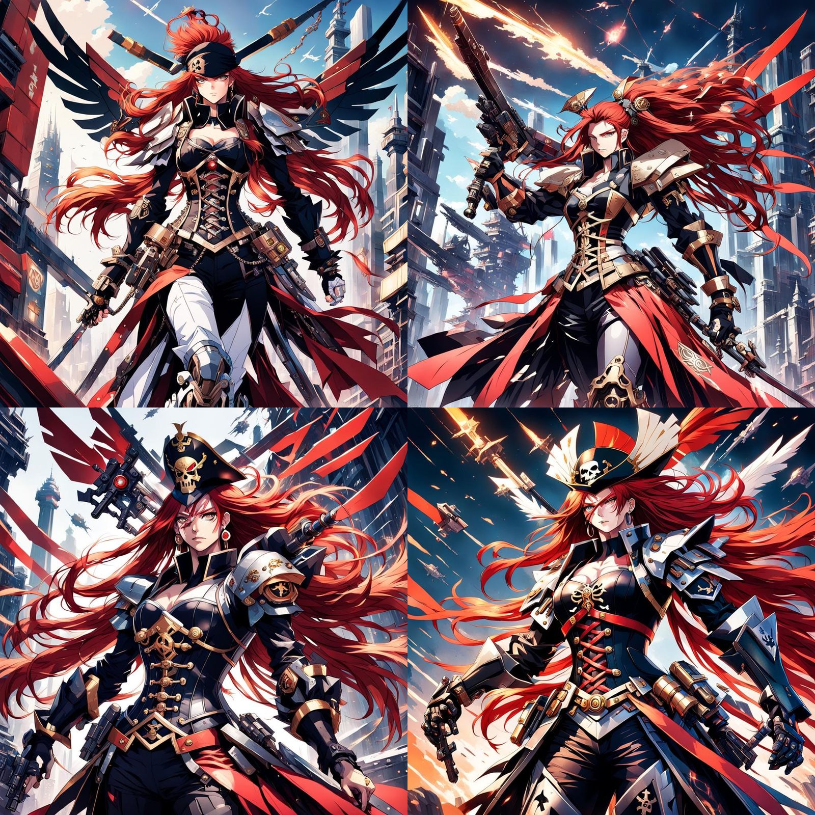 Pirate Queen on Gundam Mech in Cyberpunk Cityscape