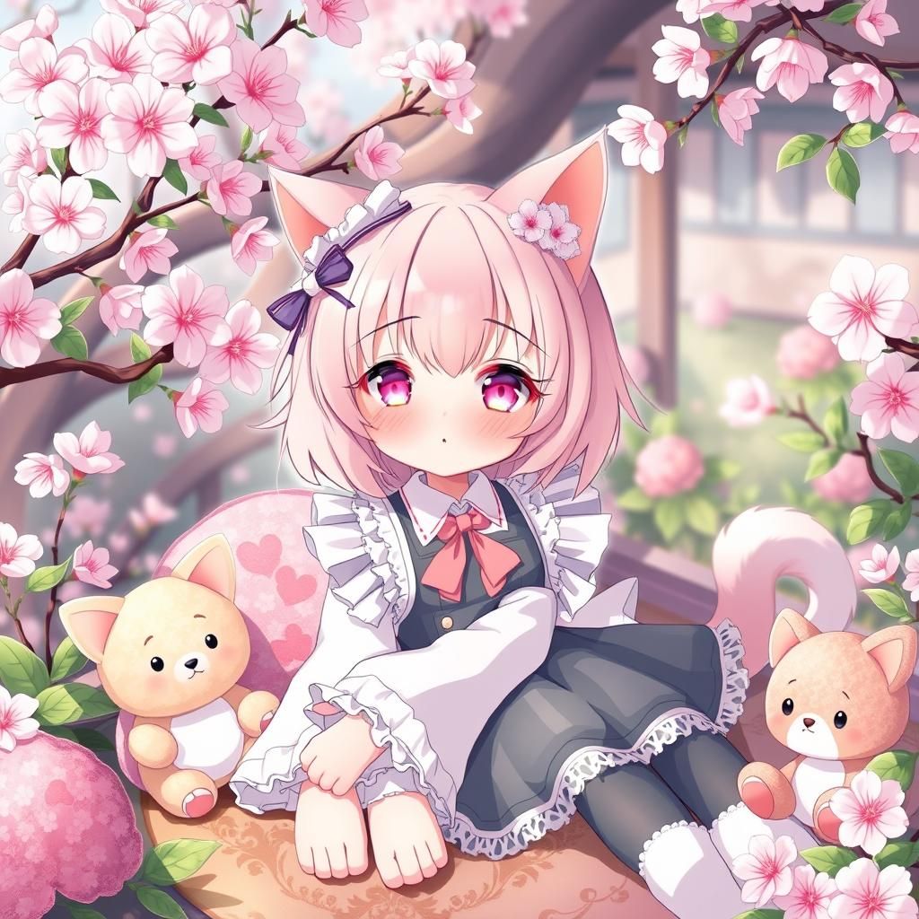 Adorable Anime Cat Girl in Japanese Garden