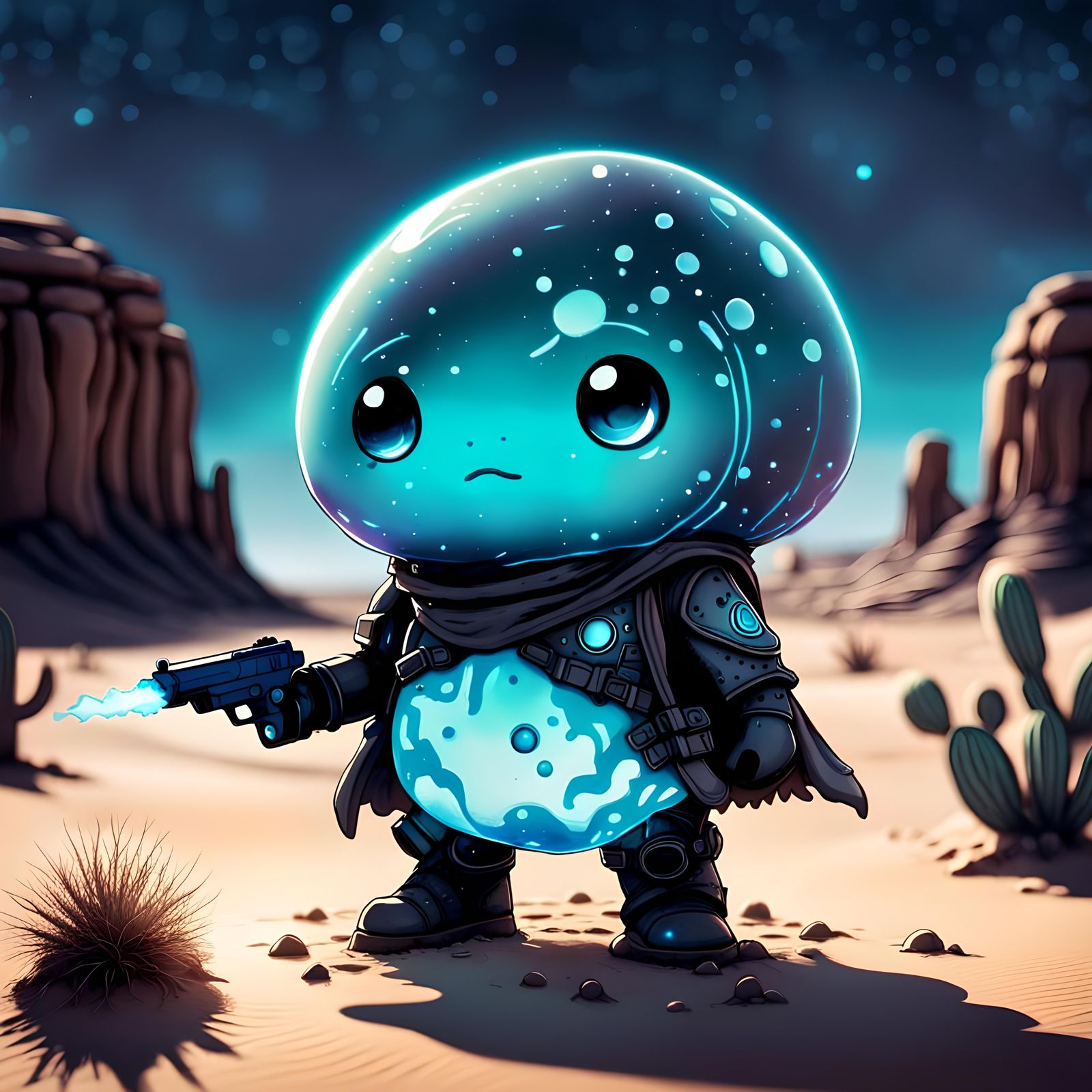 Bioluminescent Chibi Gunslinger in Watercolor Style