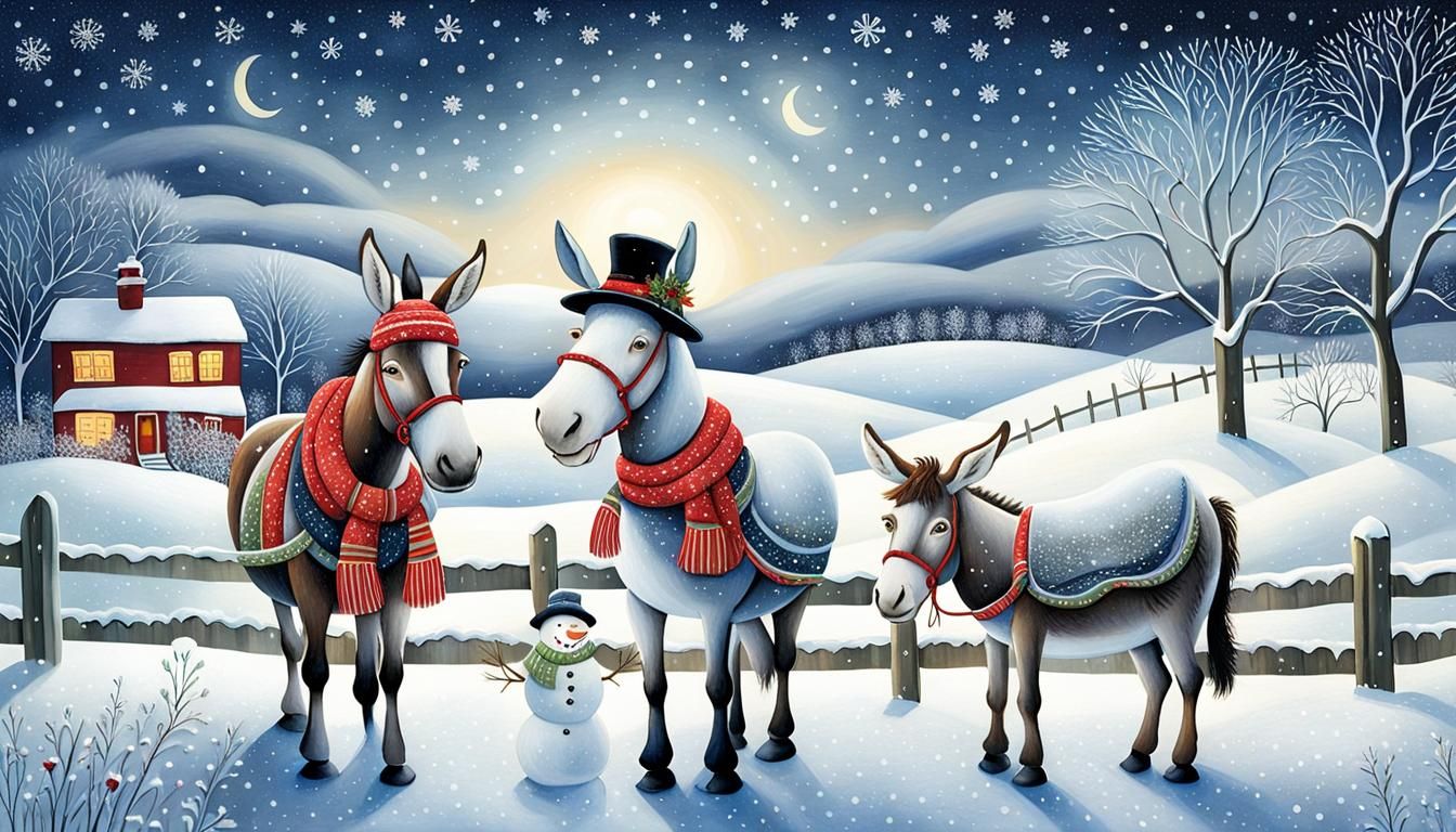 Whimsical Winter Landscape with Snowmen and Donkey