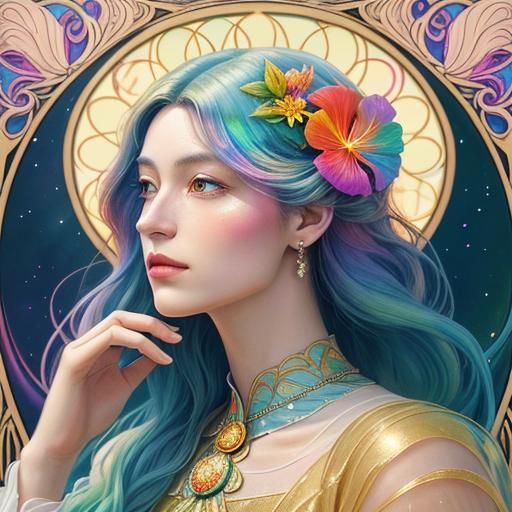 Rainbow Woman Portrait with Flower, Art Nouveau Style